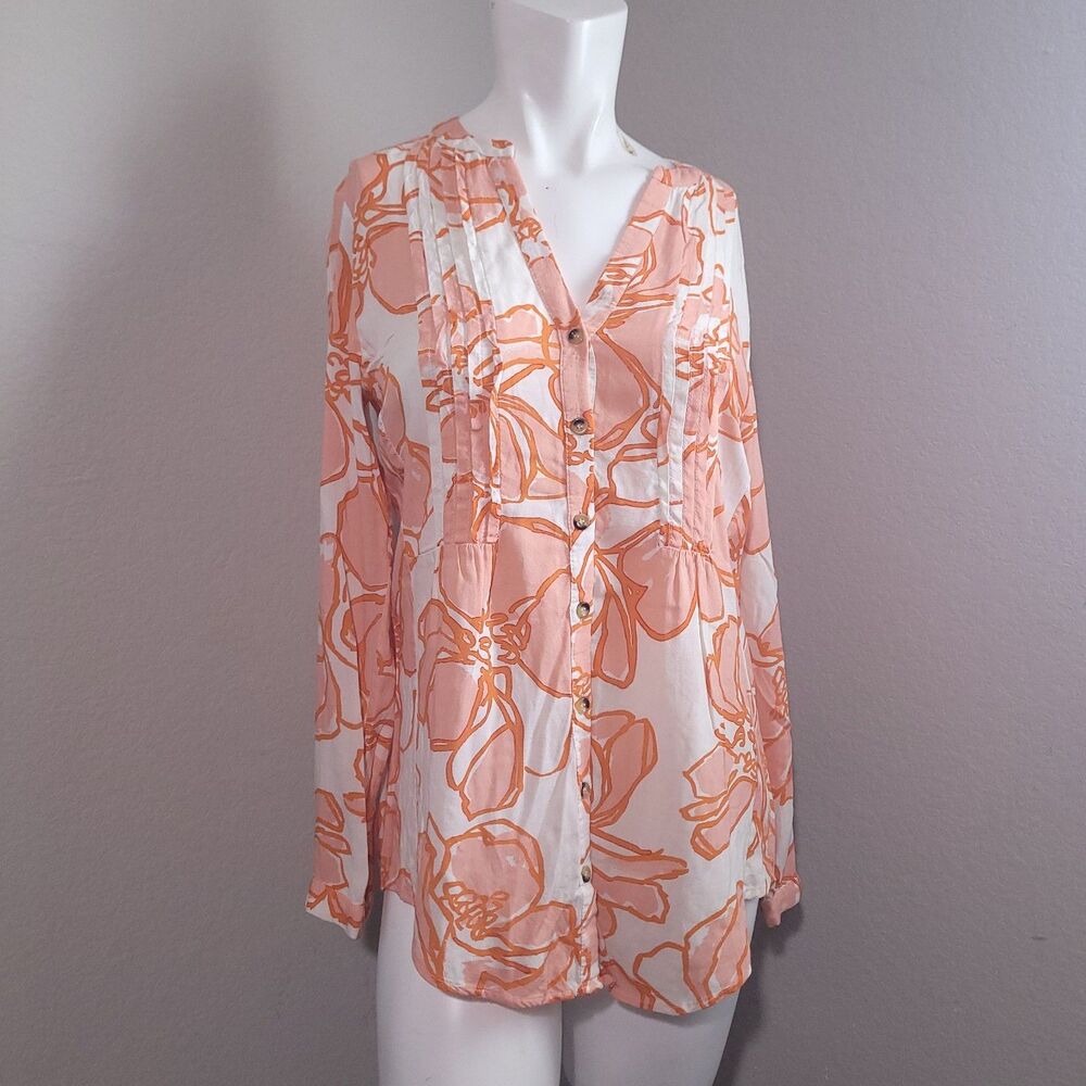 Maeve Anthropologie Small blouse flower sheer button v-neck longsleeve tunic